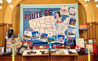 Route 66 highlighted on map of the USA with the Mother Road and memorabilia