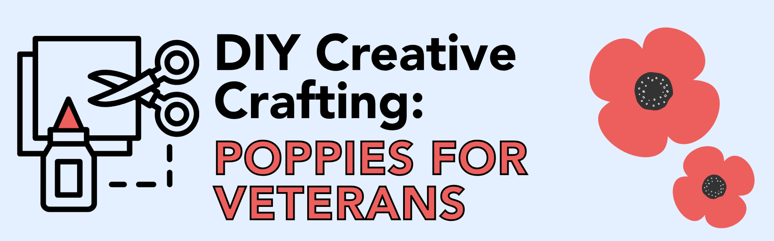 Crafting icon with scissors, paper, glue, and text "DIY Creative Crafting: POPPIES FOR VETERANS" beside two red poppies.