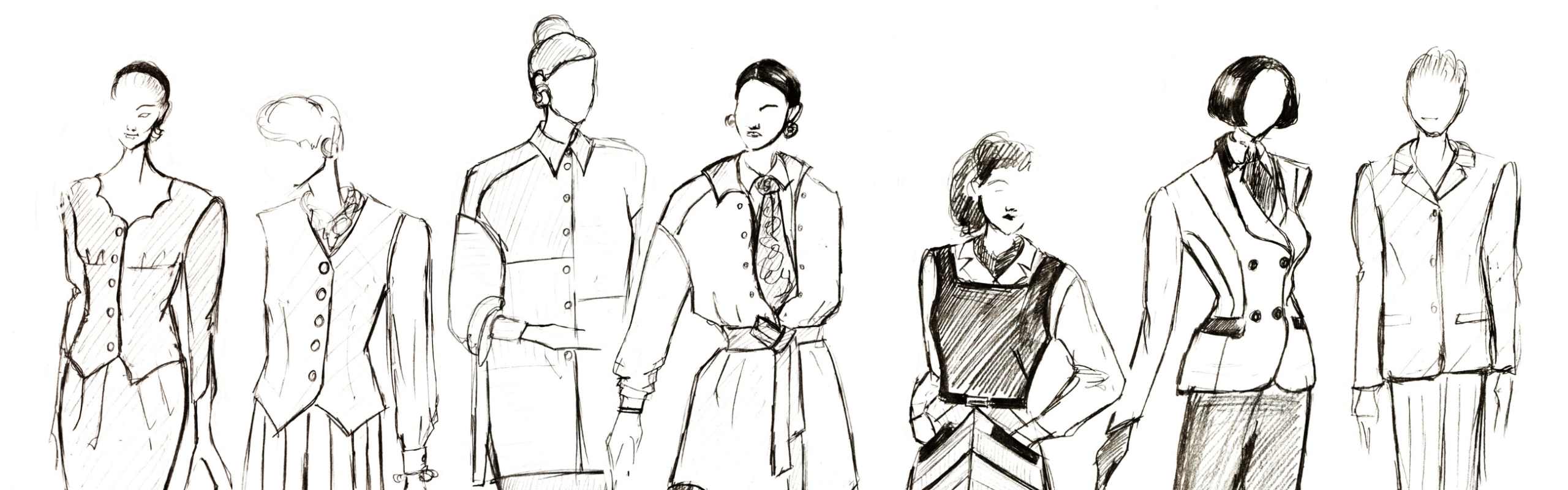 Seven black and white fashion sketches of women in professional and business attire with blank faces.